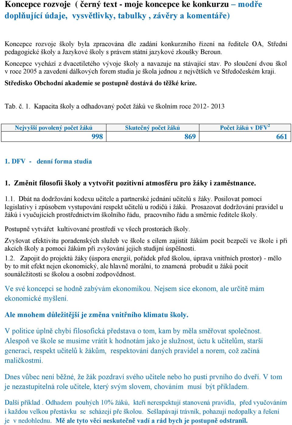 Po sloučení dvou škol v roce 2005 a zavedení dálkových forem studia je škola jednou z největších ve Středočeském kraji. Středisko Obchodní akademie se postupně dostává do těžké krize. Tab. č. 1.