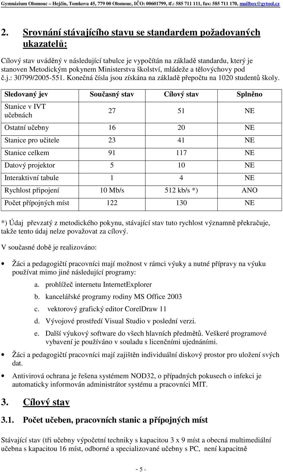 Sledovaný jev Současný stav Cílový stav Splněno Stanice v IVT učebnách 27 51 NE Ostatní učebny 16 20 NE Stanice pro učitele 23 41 NE Stanice celkem 91 117 NE Datový projektor 5 10 NE Interaktivní