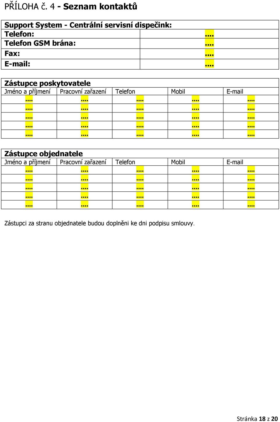 .......................................................................... Zástupce objednatele Jméno a příjmení Pracovní zařazení Telefon Mobil E-mail.