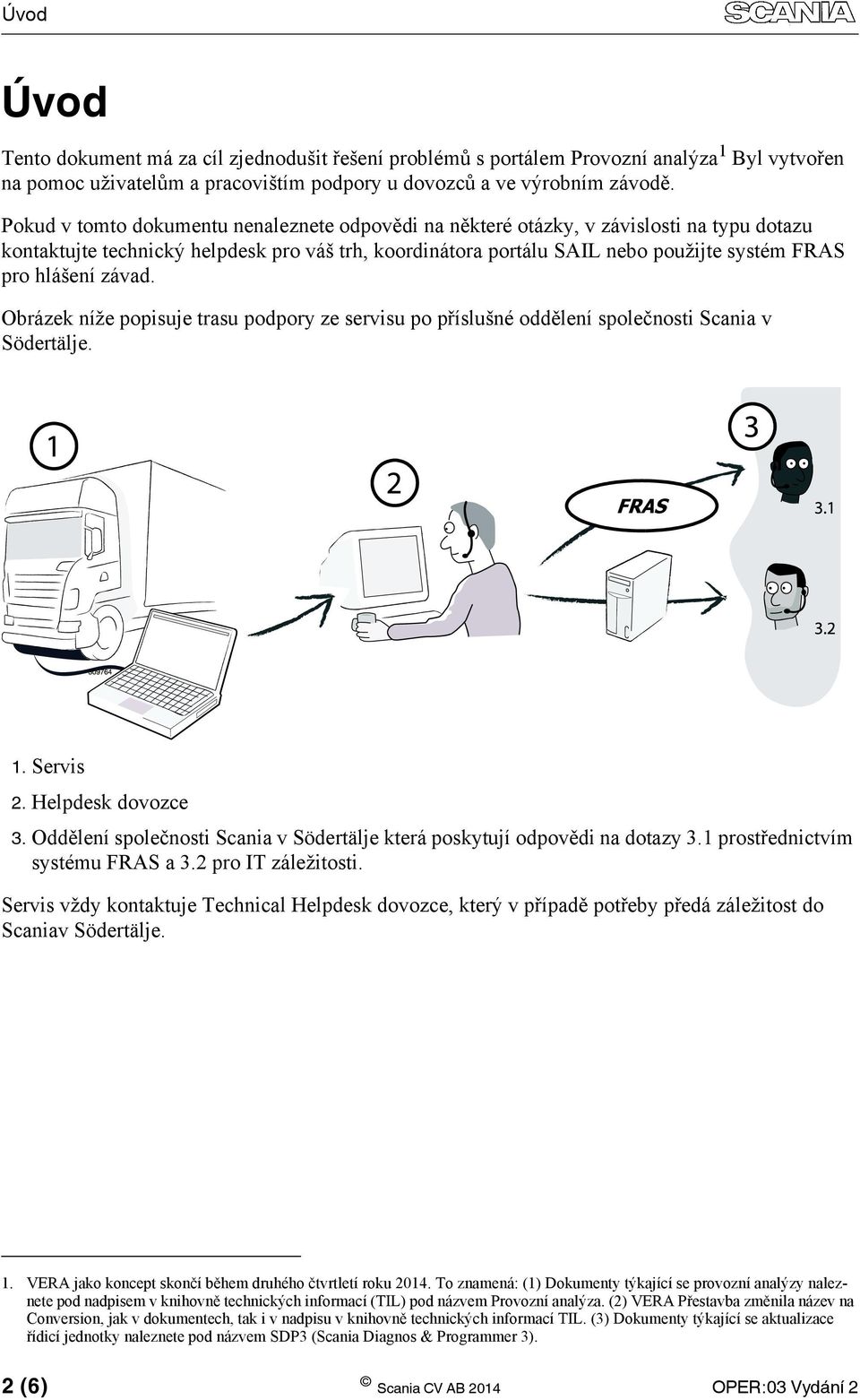 závad. Obrázek níže popisuje trasu podpory ze servisu po příslušné oddělení společnosti Scania v Södertälje. FRAS 1. Servis 2. Helpdesk dovozce 3.