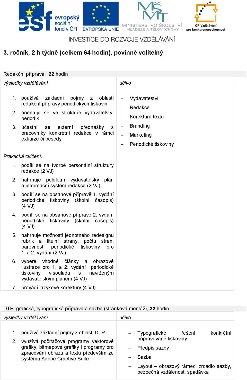 nahrhuje pololetní vydavatelský plán a informační systém redakce (2 VJ) 3. podílí se na obsahové přípravě 1. vydání periodické tiskoviny (školní časopis) (4 VJ) 4. podílí se na obsahové přípravě 2.