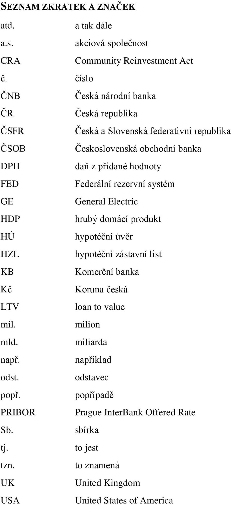 FED Federální rezervní systém GE General Electric HDP hrubý domácí produkt HÚ hypotéční úvěr HZL hypotéční zástavní list KB Komerční banka Kč Koruna česká