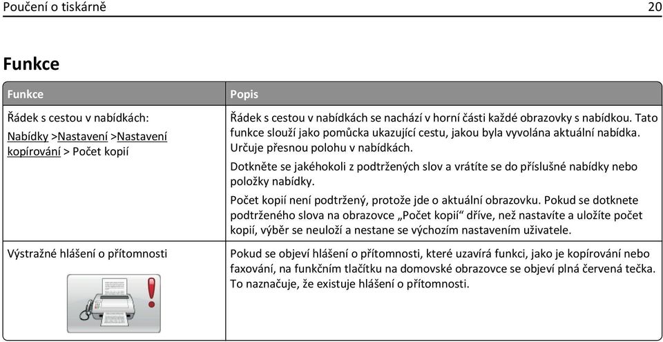 Dotkněte se jakéhokoli z podtržených slov a vrátíte se do příslušné nabídky nebo položky nabídky. Počet kopií není podtržený, protože jde o aktuální obrazovku.