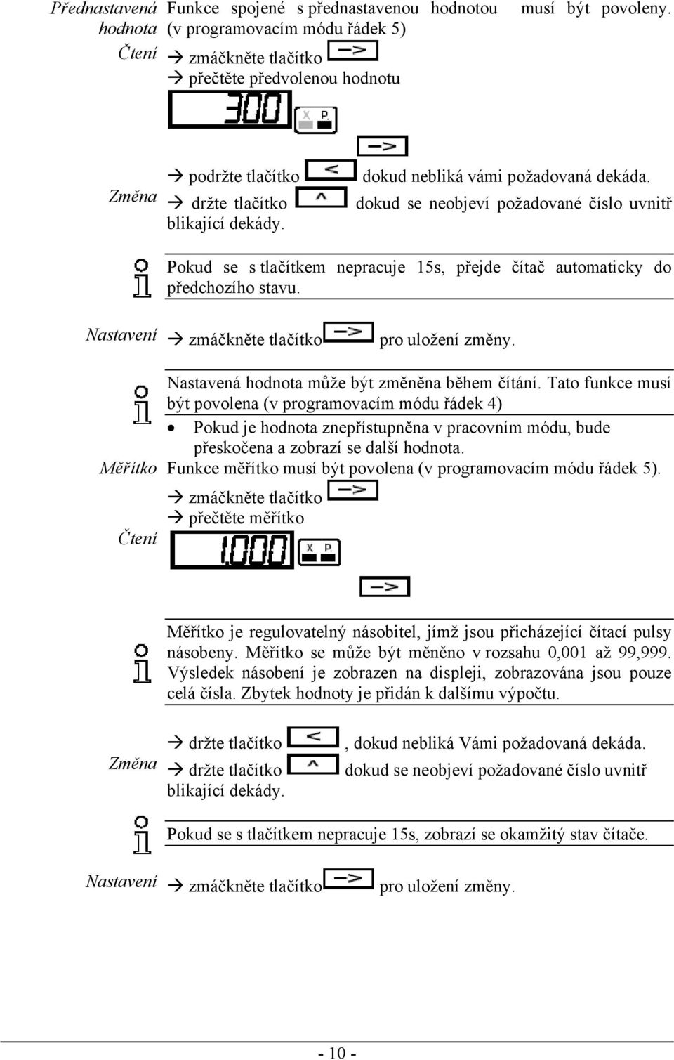 dokud se neobjeví požadované číslo uvnitř Pokud se s tlačítkem nepracuje 15s, přejde čítač automaticky do předchozího stavu. Nastavení zmáčkněte tlačítko pro uložení změny.