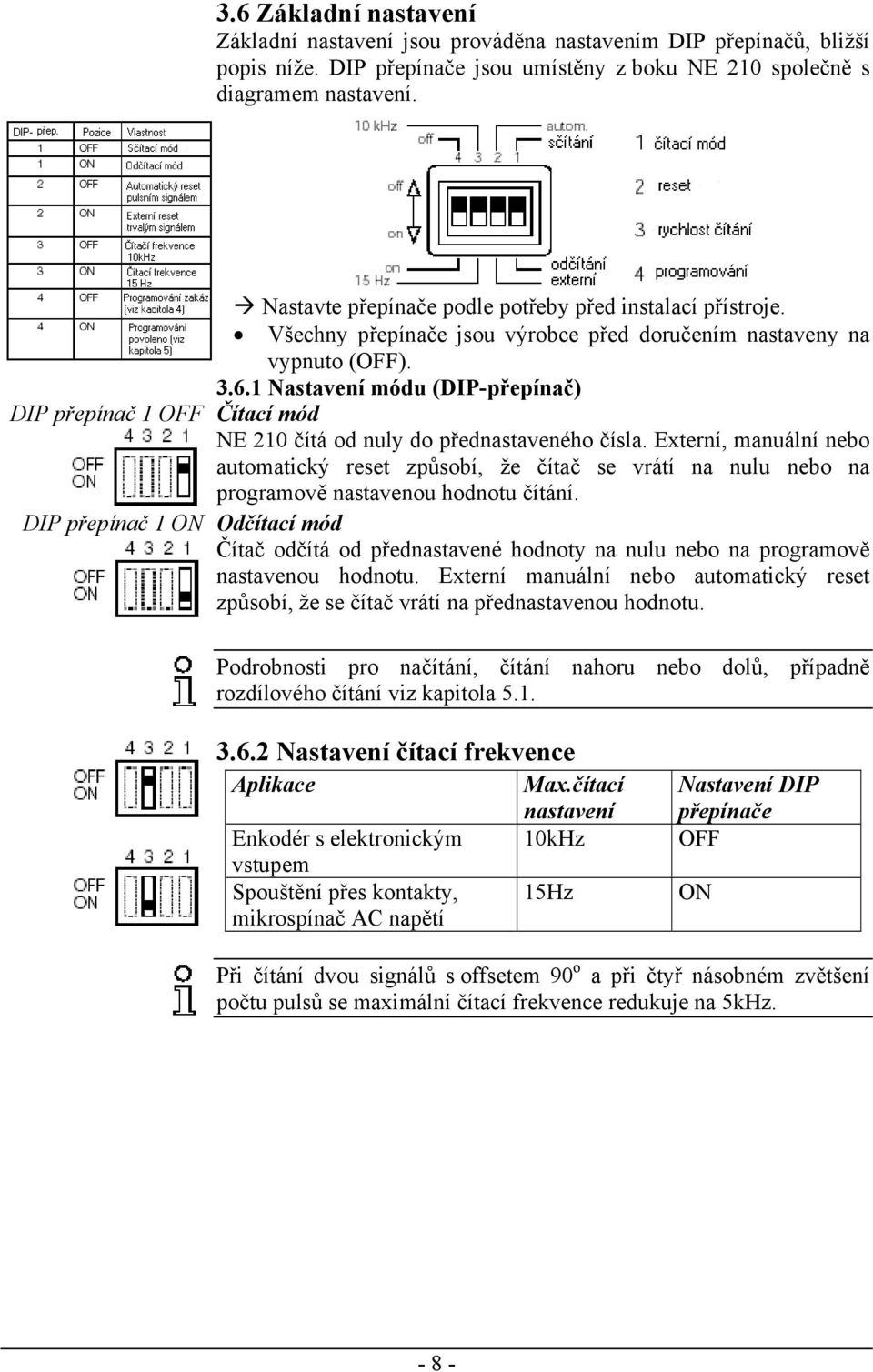 1 Nastavení módu (DIP-přepínač) DIP přepínač 1 OFF Čítací mód NE 210 čítá od nuly do přednastaveného čísla.