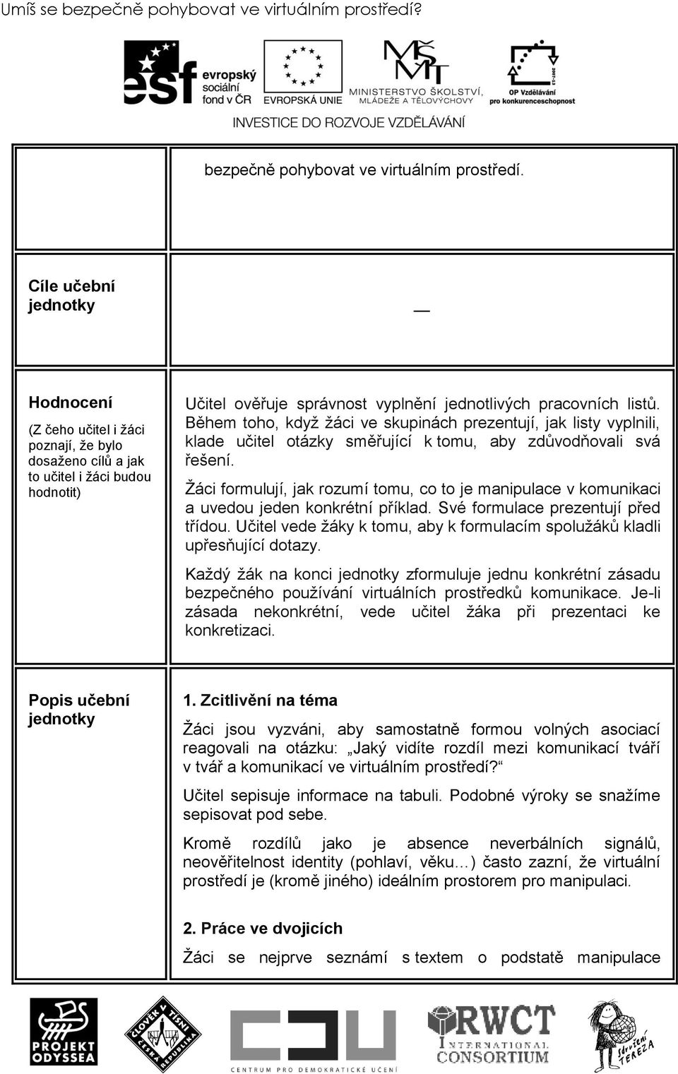 Cíle učební jednotky Hodnocení (Z čeho učitel i ţáci poznají, ţe bylo dosaţeno cílů a jak to učitel i ţáci budou hodnotit) Učitel ověřuje správnost vyplnění jednotlivých pracovních listů.