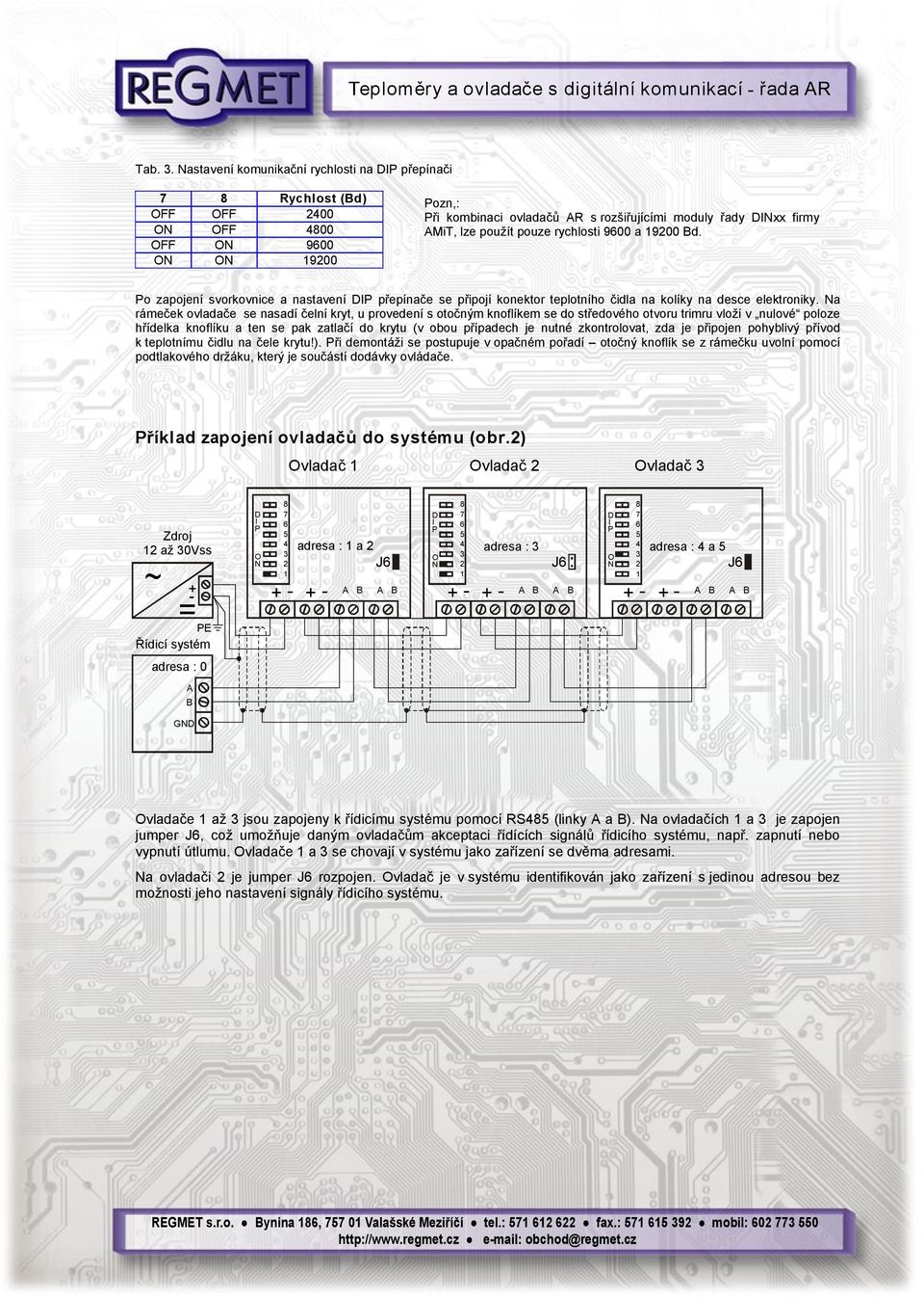 rychlosti 00 a 200 Bd. o zapojení svorkovnice a nastavení přepínače se připojí konektor teplotního čidla na kolíky na desce elektroniky.