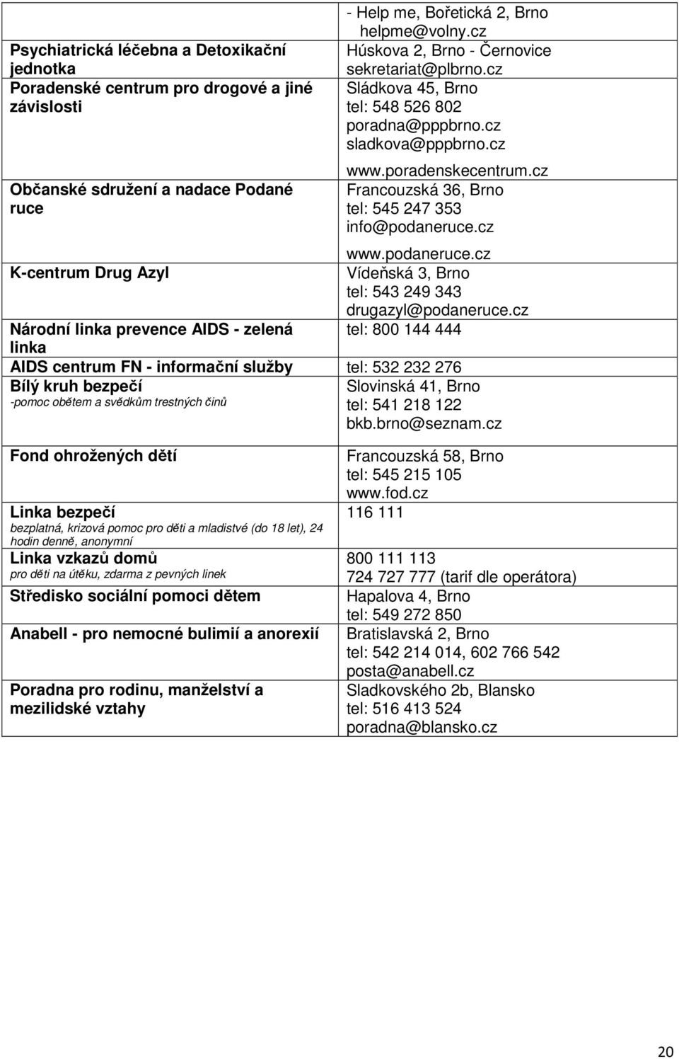 cz Francouzská 36, Brno tel: 545 247 353 info@podaneruce.cz www.podaneruce.cz K-centrum Drug Azyl Vídeňská 3, Brno tel: 543 249 343 drugazyl@podaneruce.