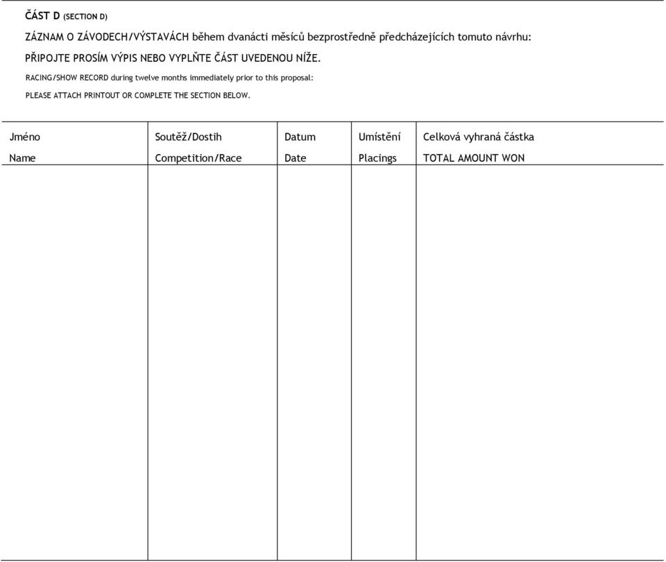 RACING/SHOW RECORD during twelve months immediately prior to this proposal: PLEASE ATTACH PRINTOUT OR