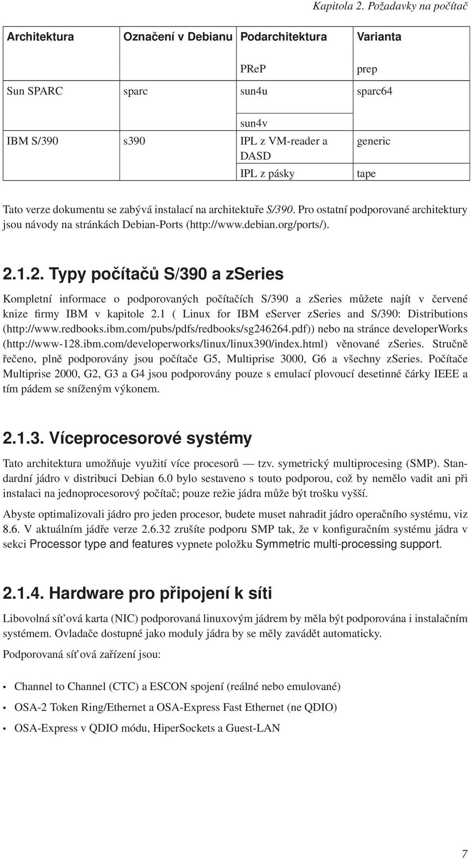 dokumentu se zabývá instalací na architektuře S/390. Pro ostatní podporované architektury jsou návody na stránkách Debian-Ports (http://www.debian.org/ports/). 2.