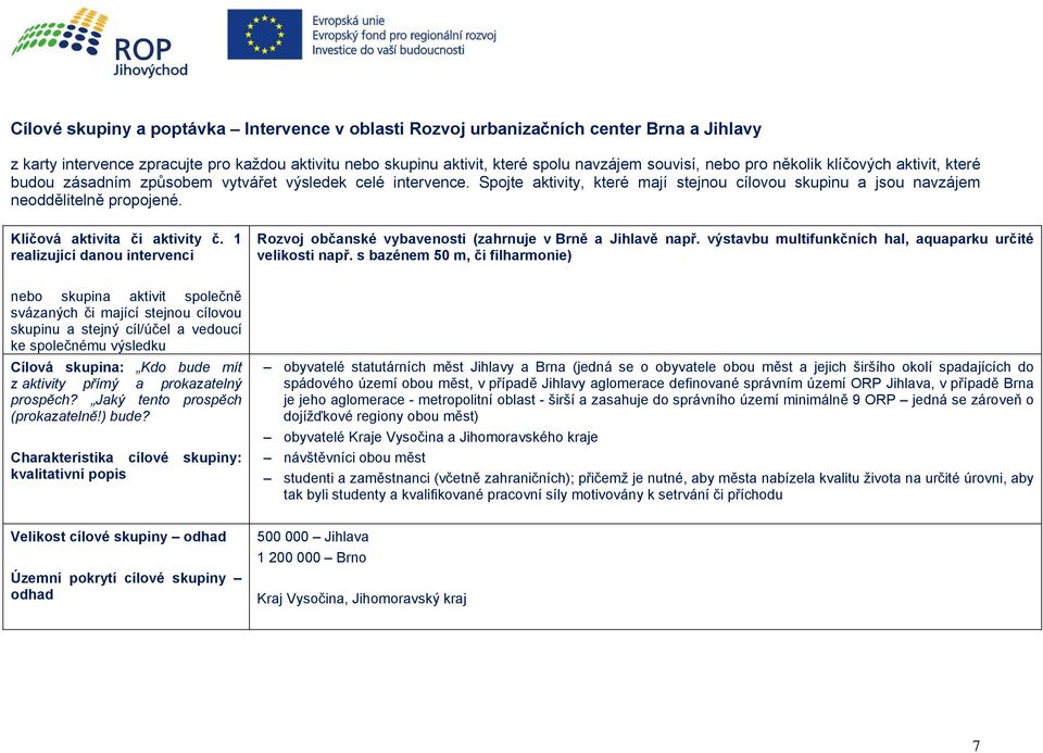 Klíčová aktivita či aktivity č. 1 realizující danou intervenci Rozvoj občanské vybavenosti (zahrnuje v Brně a Jihlavě např. výstavbu multifunkčních hal, aquaparku určité velikosti např.