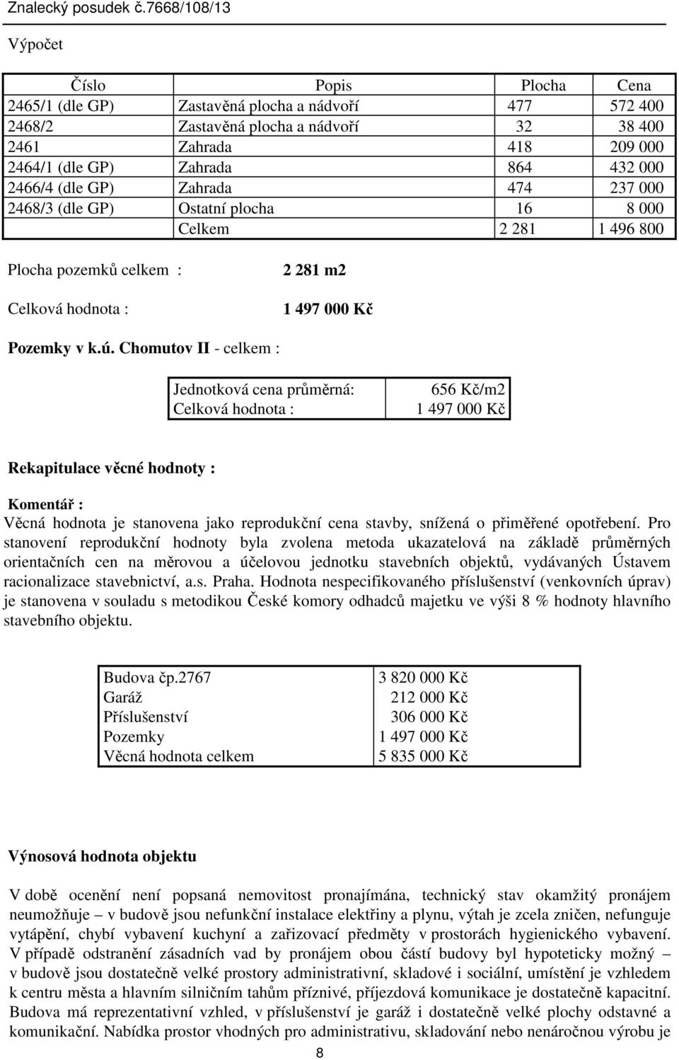 Chomutov II - celkem : Jednotková cena průměrná: Celková hodnota : 656 Kč/m2 1 497 000 Kč Rekapitulace věcné hodnoty : Komentář : Věcná hodnota je stanovena jako reprodukční cena stavby, snížená o