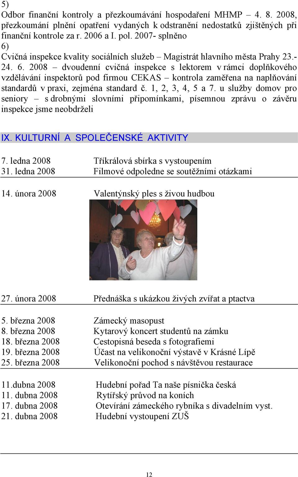 1, 2, 3, 4, 5 a 7. u služby domov pro seniory s drobnými slovními připomínkami, písemnou zprávu o závěru inspekce jsme neobdrželi IX. KULTURNÍ A SPOLEČENSKÉ AKTIVITY 7.