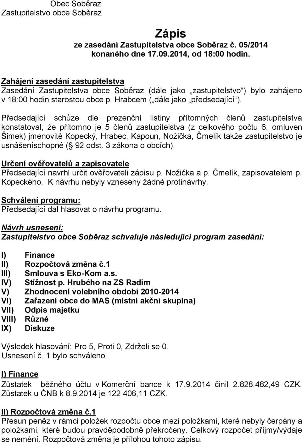 Předsedající schůze dle prezenční listiny přítomných členů zastupitelstva konstatoval, že přítomno je 5 členů zastupitelstva (z celkového počtu 6, omluven Šimek) jmenovitě Kopecký, Hrabec, Kapoun,