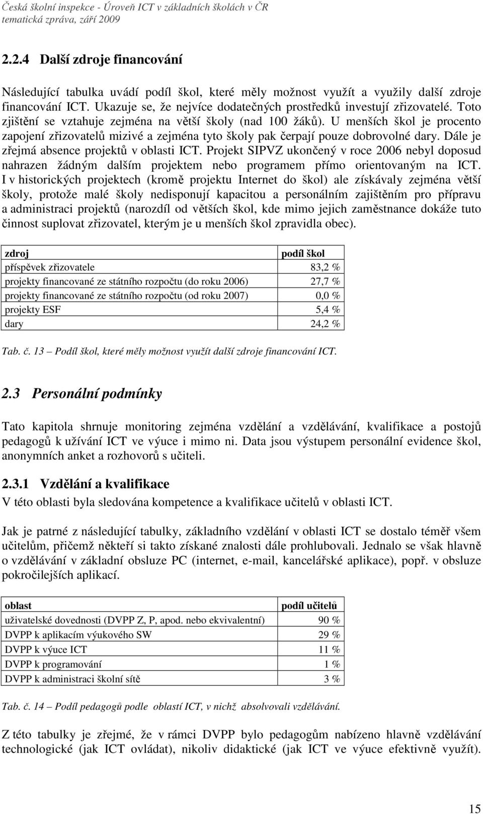 U menších škol je procento zapojení zřizovatelů mizivé a zejména tyto školy pak čerpají pouze dobrovolné dary. Dále je zřejmá absence projektů v oblasti ICT.