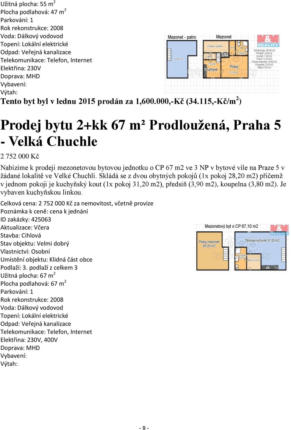 115,-Kč/m 2 ) Prodej bytu 2+kk 67 m² Prodloužená, Praha 5 - Velká Chuchle 2 752 000 Kč Nabízíme k prodeji mezonetovou bytovou jednotku o CP 67 m2 ve 3 NP v bytové vile na Praze 5 v žádané lokalitě ve