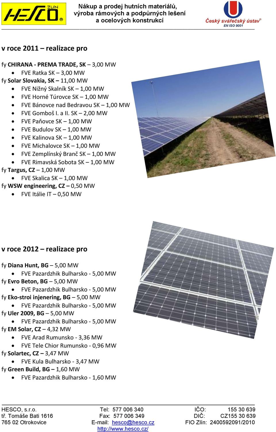 SK 2,00 MW FVE Paňovce SK 1,00 MW FVE Budulov SK 1,00 MW FVE Kalinova SK 1,00 MW FVE Michalovce SK 1,00 MW FVE Zemplínský Branč SK 1,00 MW FVE Rimavská Sobota SK 1,00 MW fy Targus, CZ 1,00 MW FVE