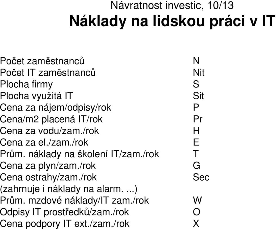 náklady na školení IT/zam./rok Cena za plyn/zam./rok Cena ostrahy/zam./rok (zahrnuje i náklady na alarm.