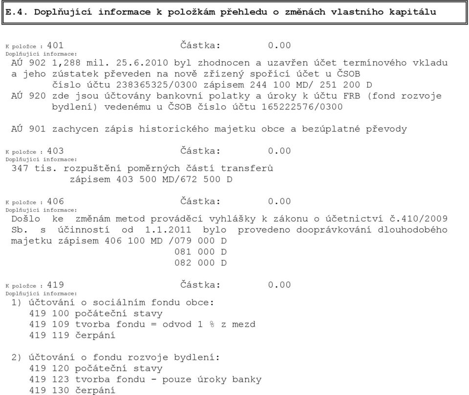 bankovní polatky a úroky k účtu FRB (fond rozvoje bydlení) vedenému u ČSOB číslo účtu 165222576/0300 AÚ 901 zachycen zápis historického majetku obce a bezúplatné převody K položce : 403 Částka: 0.