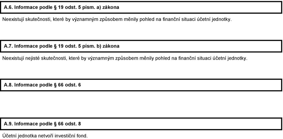 jednotky. A.7. Informace podle 19 odst. 5 písm.