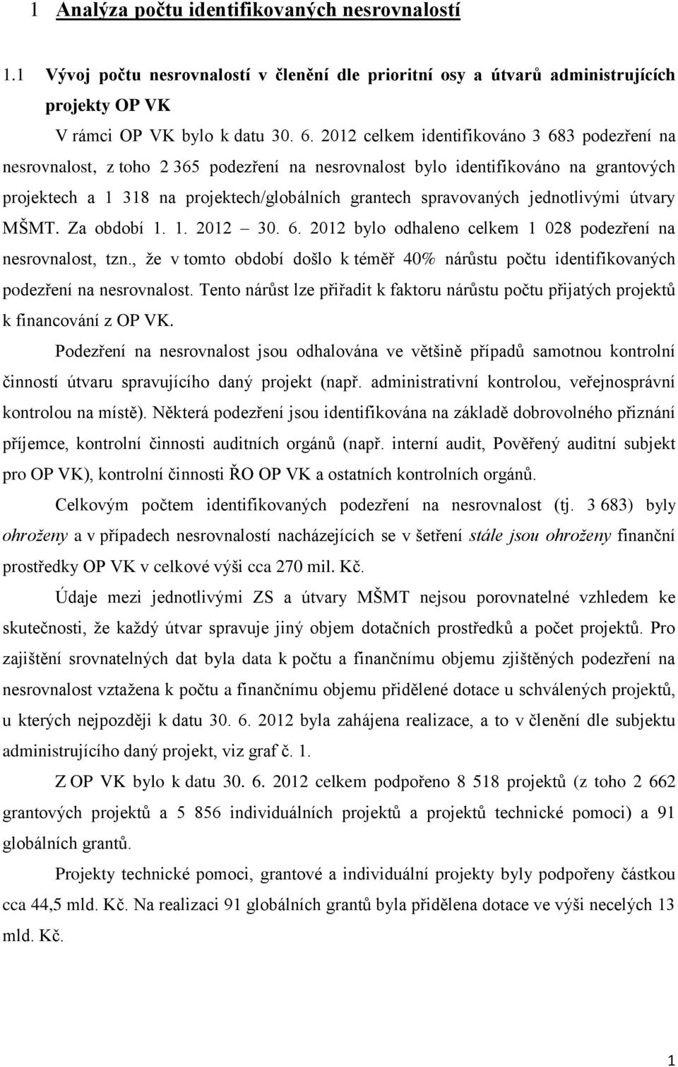 jednotlivými útvary MŠMT. Za období 1. 1. 2012 30. 6. 2012 bylo odhaleno celkem 1 028 podezření na nesrovnalost, tzn.