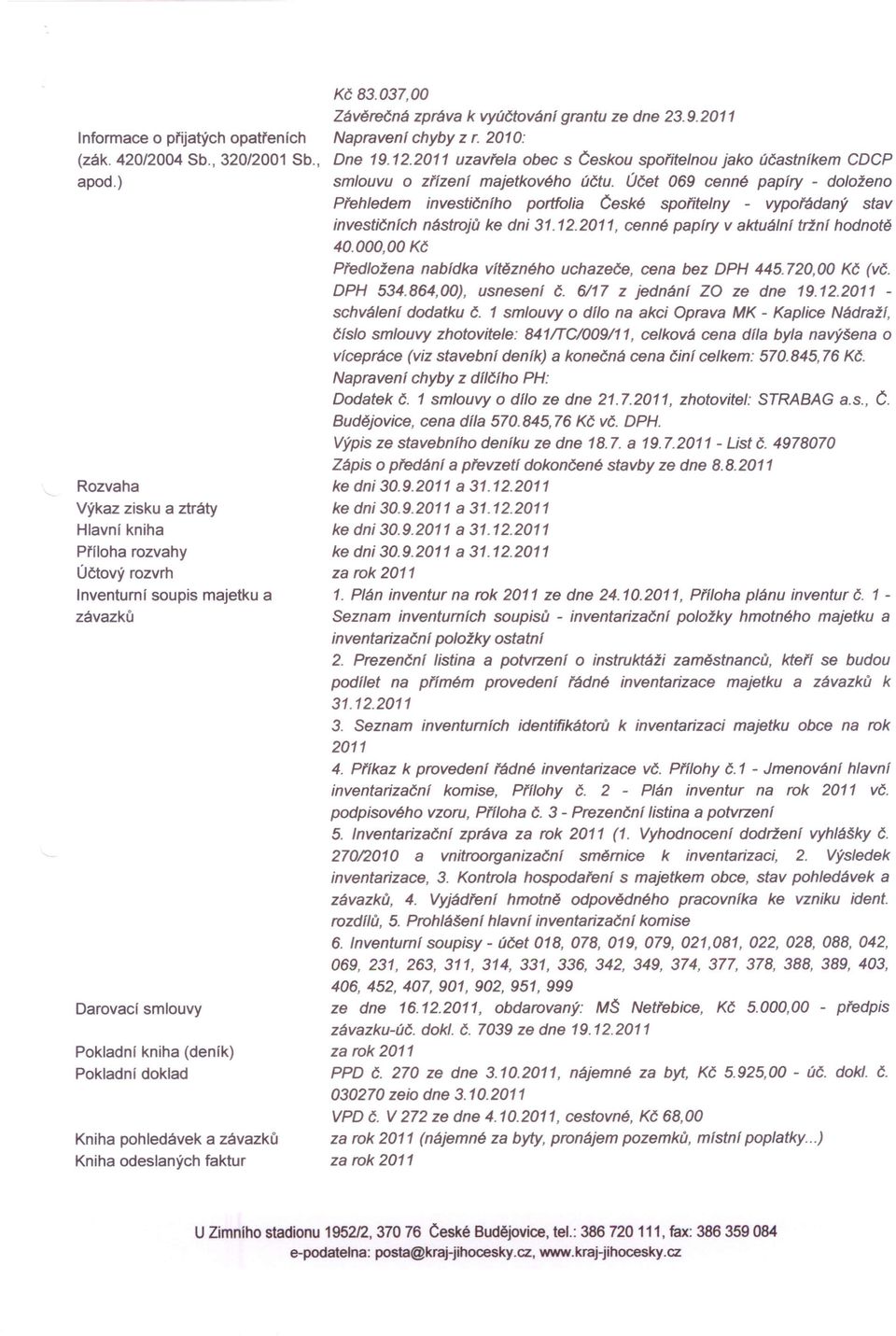 a závazků faktur Kč 83.037,00 Závěrečná zpráva k vyúčtování grantu ze dne 23.9.2011 Napravení chyby z r. 2010: Dne 19.12.