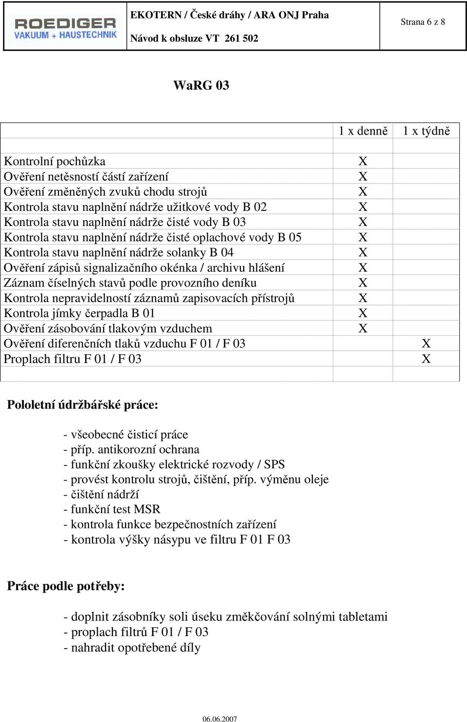 číselných stavů podle provozního deníku Kontrola nepravidelností záznamů zapisovacích přístrojů Kontrola jímky čerpadla B 01 Ověření zásobování tlakovým vzduchem Ověření diferenčních tlaků vzduchu F