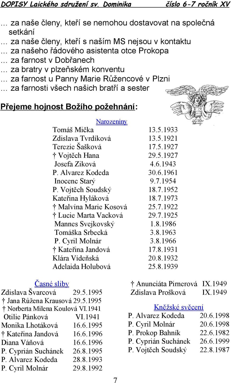 5.1927 Vojtěch Hana 29.5.1927 Josefa Ziková 4.6.1943 P. Alvarez Kodeda 30.6.1961 Inocenc Starý 9.7.1954 P. Vojtěch Soudský 18.7.1952 Kateřina Hyláková 18.7.1973 Malvína Marie Kosová 25.7.1922 Lucie Marta Vacková 29.