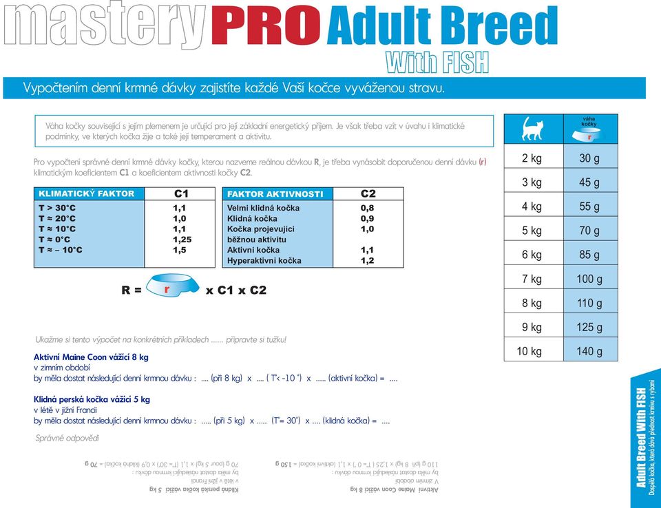 váha kočky r Pro vypočtení správné denní krmné dávky kočky, kterou nazveme reálnou dávkou R, je třeba vynásobit doporučenou denní dávku (r) klimatickým koeficientem C1 a koeficientem aktivnosti kočky