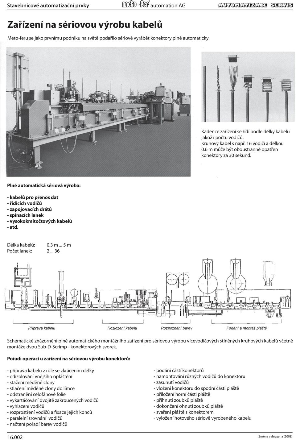 Plně automatická sériová výroba: - kabelů pro přenos dat - řídicích vodičů - zapojovacích drátů - spínacích lanek - vysokokmitočtových kabelů - atd. Délka kabelů: 0.3 m... 5 m Počet lanek: 2.