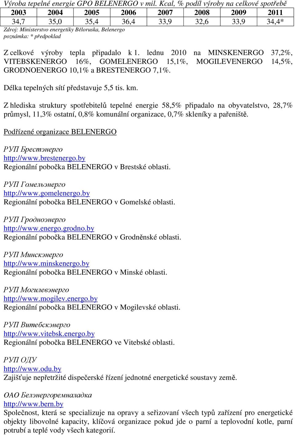 celkové výroby tepla připadalo k 1. lednu 2010 na MINSKENERGO 37,2%, VITEBSKENERGO 16%, GOMELENERGO 15,1%, MOGILEVENERGO 14,5%, GRODNOENERGO 10,1% a BRESTENERGO 7,1%.