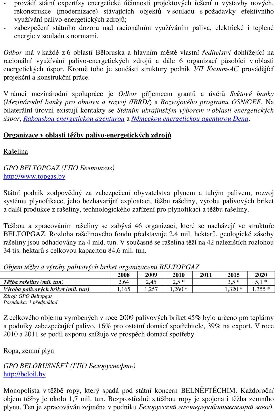 Odbor má v každé z 6 oblastí Běloruska a hlavním městě vlastní ředitelství dohlížející na racionální využívání palivo-energetických zdrojů a dále 6 organizací působící v oblasti energetických úspor.