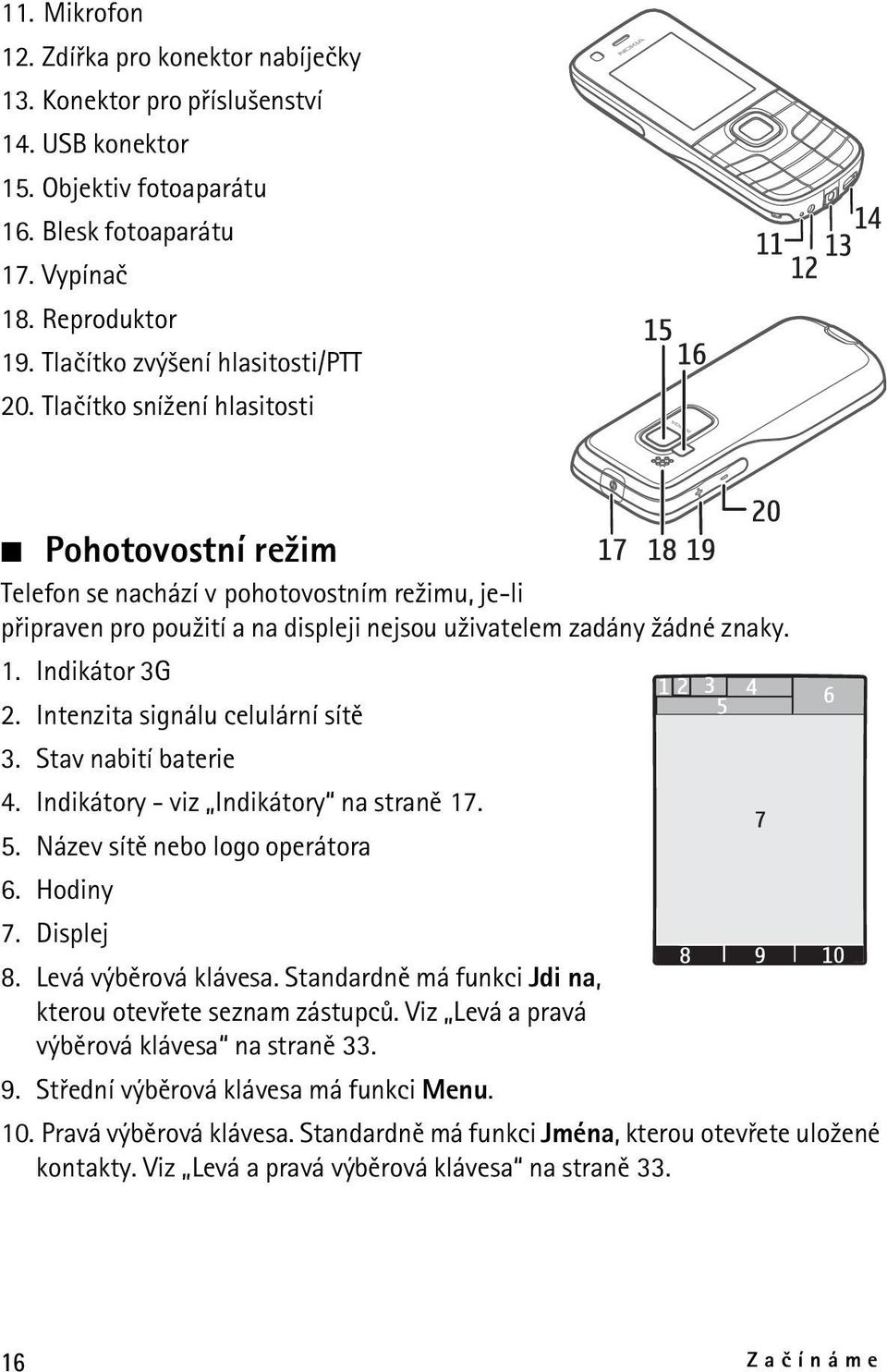 Tlaèítko sní¾ení hlasitosti Pohotovostní re¾im Telefon se nachází v pohotovostním re¾imu, je-li pøipraven pro pou¾ití a na displeji nejsou u¾ivatelem zadány ¾ádné znaky. 1. Indikátor 3G 2.