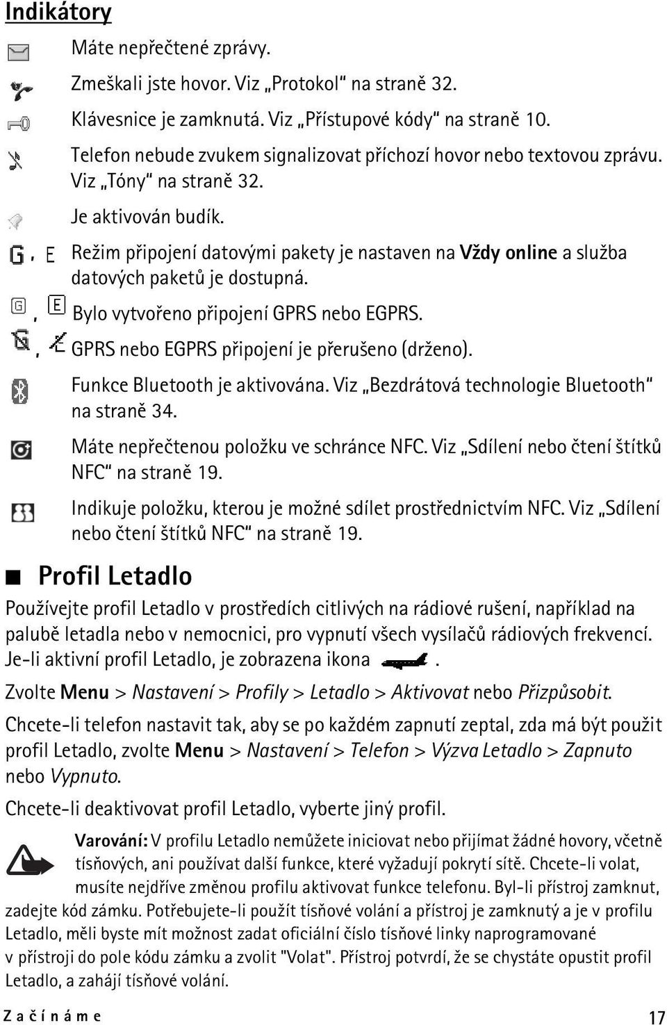 , Re¾im pøipojení datovými pakety je nastaven na V¾dy online a slu¾ba datových paketù je dostupná., Bylo vytvoøeno pøipojení GPRS nebo EGPRS., GPRS nebo EGPRS pøipojení je pøeru¹eno (dr¾eno).