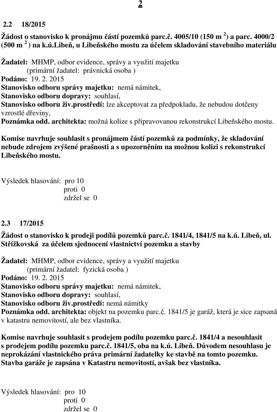 2015 Stanovisko odboru správy majetku: nemá námitek, Stanovisko odboru živ.prostředí: lze akceptovat za předpokladu, že nebudou dotčeny vzrostlé dřeviny, Poznámka odd.