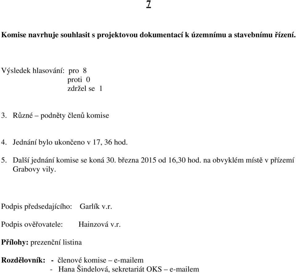 na obvyklém místě v přízemí Grabovy vily. Podpis předsedajícího: Garlík v.r. Podpis ověřovatele: Hainzová v.