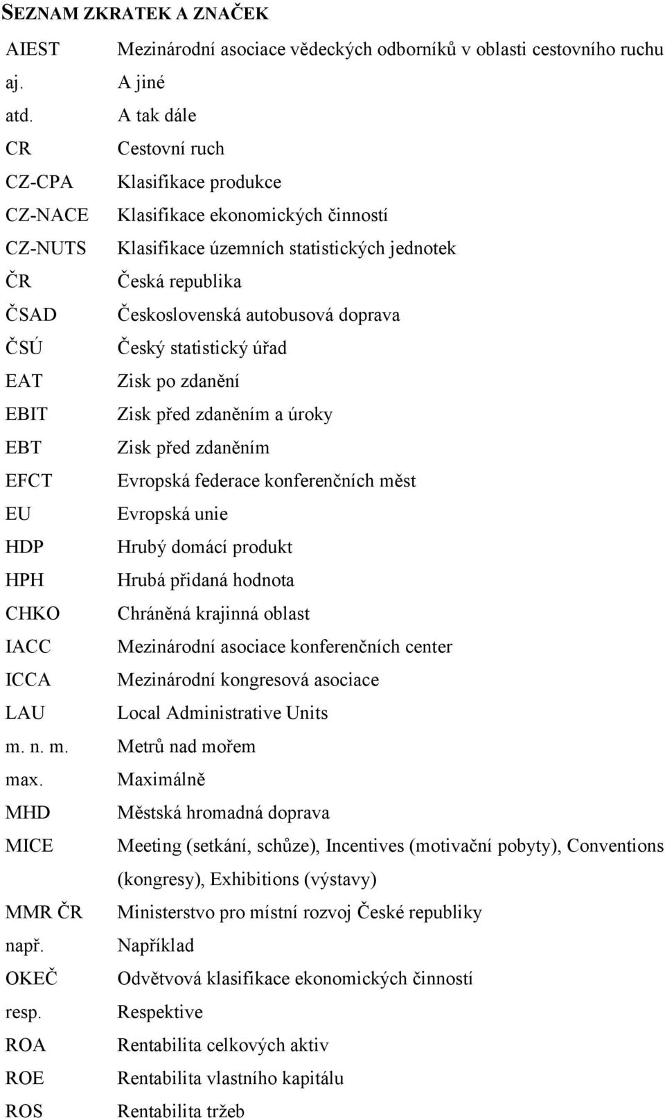 doprava ČSÚ Český statistický úřad EAT Zisk po zdanění EBIT Zisk před zdaněním a úroky EBT Zisk před zdaněním EFCT Evropská federace konferenčních měst EU Evropská unie HDP Hrubý domácí produkt HPH