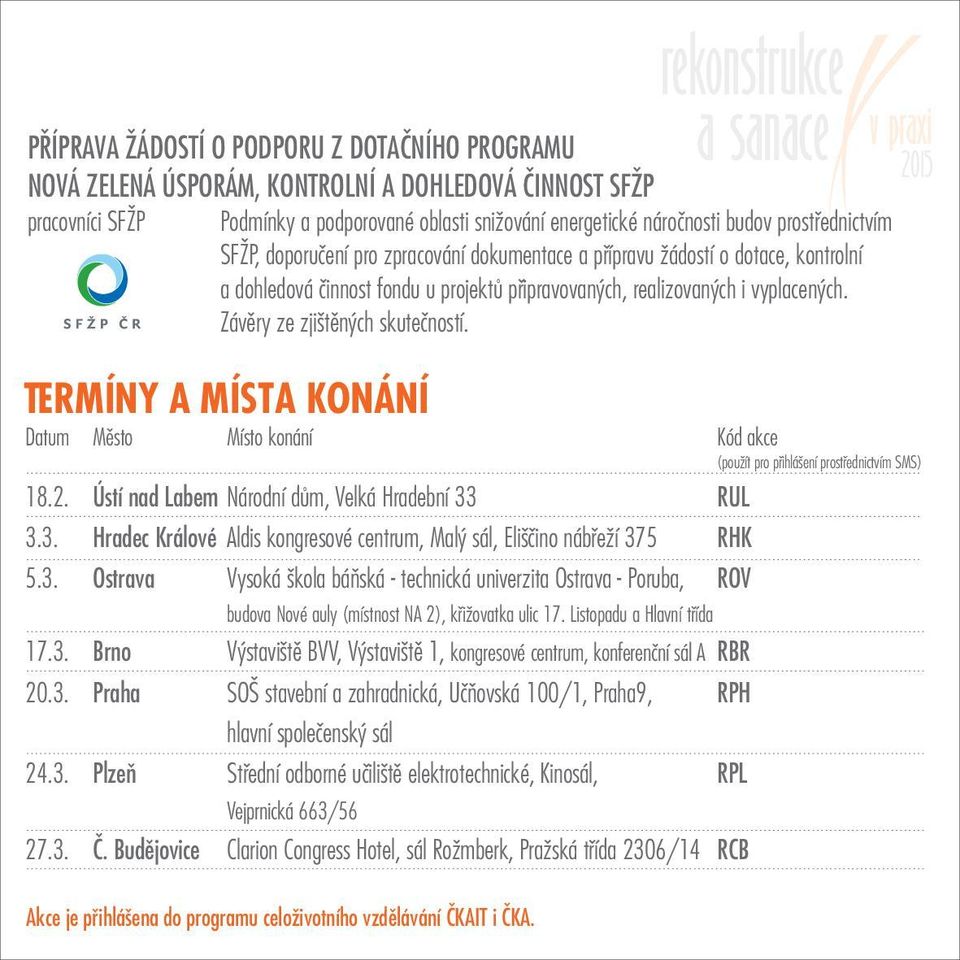 Závìry ze zjištìných skuteèností. Datum Mìsto Místo konání Kód akce (pou ít pro pøihlášení prostøednictvím SMS) 18.2. Ústí nad Labem Národní dùm, Velká Hradební 33