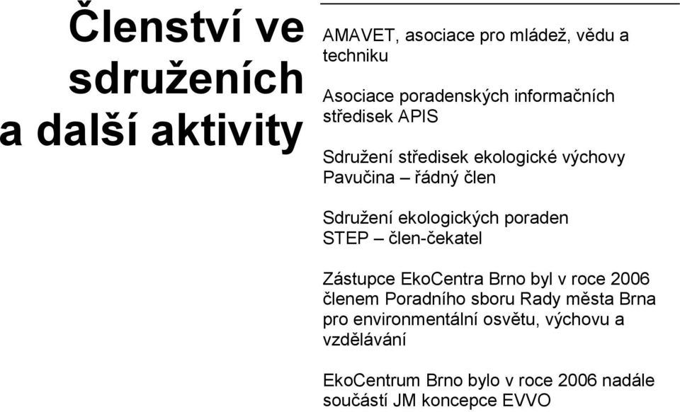 poraden STEP člen-čekatel Zástupce EkoCentra Brno byl v roce 2006 členem Poradního sboru Rady města Brna pro