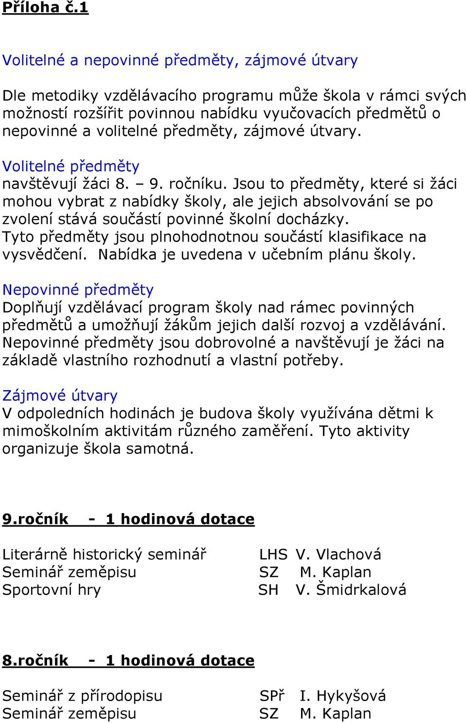 zájmové útvary. Volitelné předměty navštěvují žáci 8. 9. ročníku.