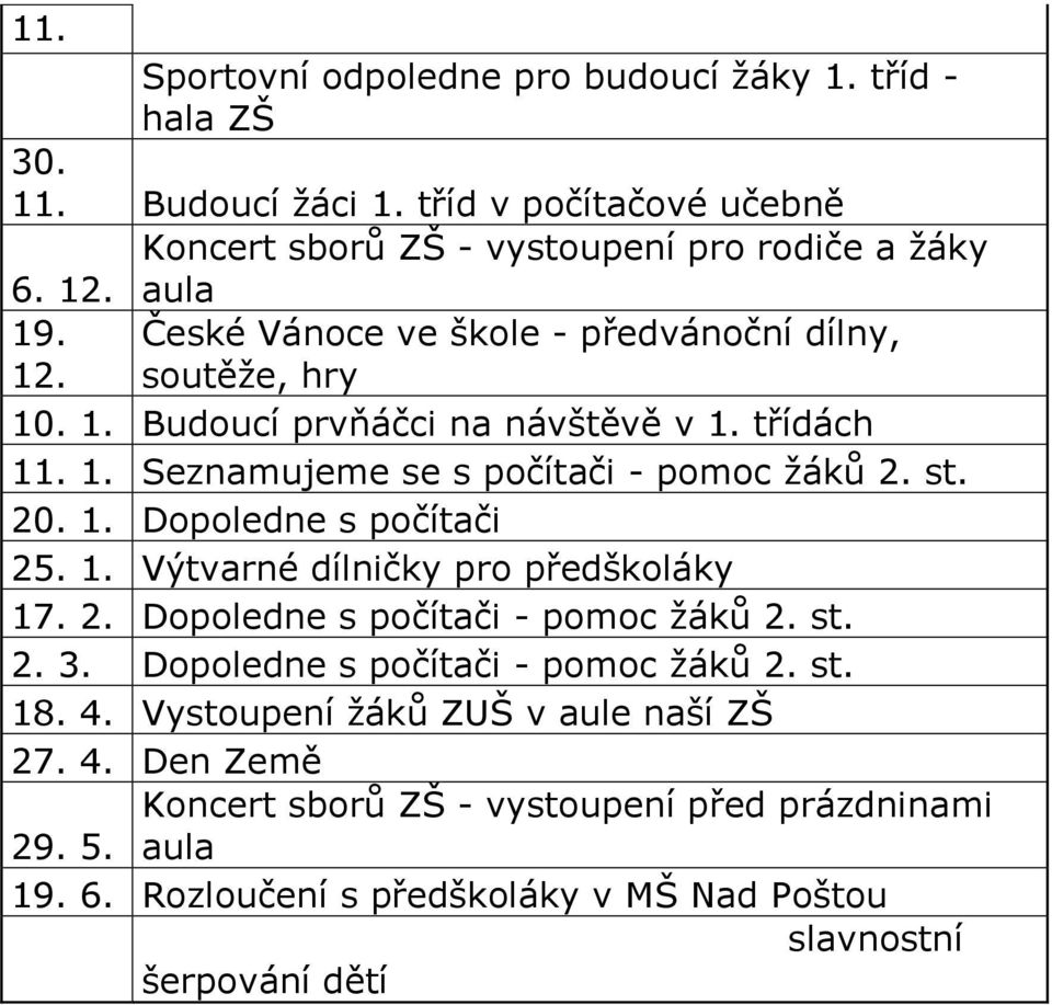 1. Výtvarné dílničky pro předškoláky 17. 2. Dopoledne s počítači - pomoc žáků 2. st. 2. 3. Dopoledne s počítači - pomoc žáků 2. st. 18. 4.