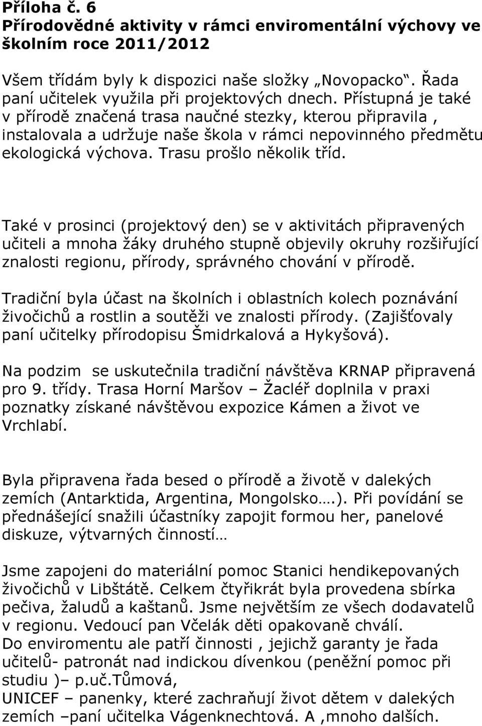 Také v prosinci (projektový den) se v aktivitách připravených učiteli a mnoha žáky druhého stupně objevily okruhy rozšiřující znalosti regionu, přírody, správného chování v přírodě.