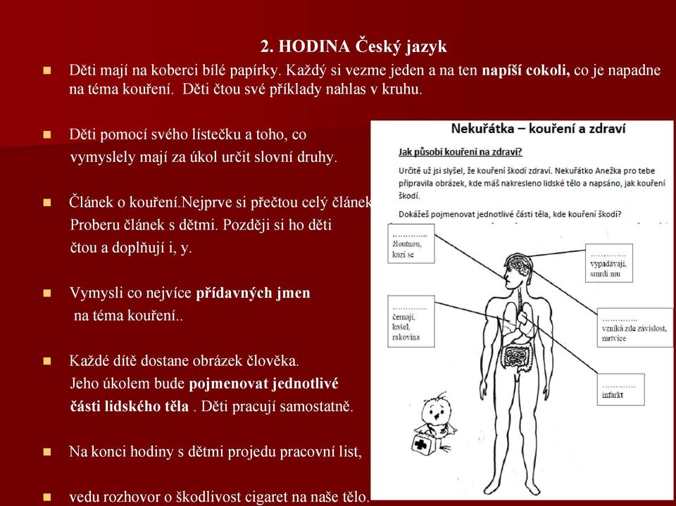 nejprve si přečtou celý článek. Proberu článek s dětmi. Později si ho děti čtou a doplňují i, y. Vymysli co nejvíce přídavných jmen na téma kouření.