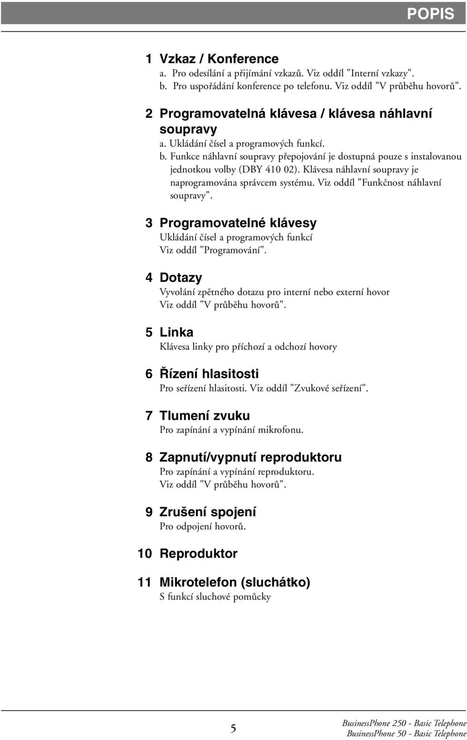 Klávesa náhlavní soupravy je naprogramována správcem systému. Viz oddíl "Funkčnost náhlavní soupravy". 3 Programovatelné klávesy Ukládání čísel a programových funkcí Viz oddíl "Programování".