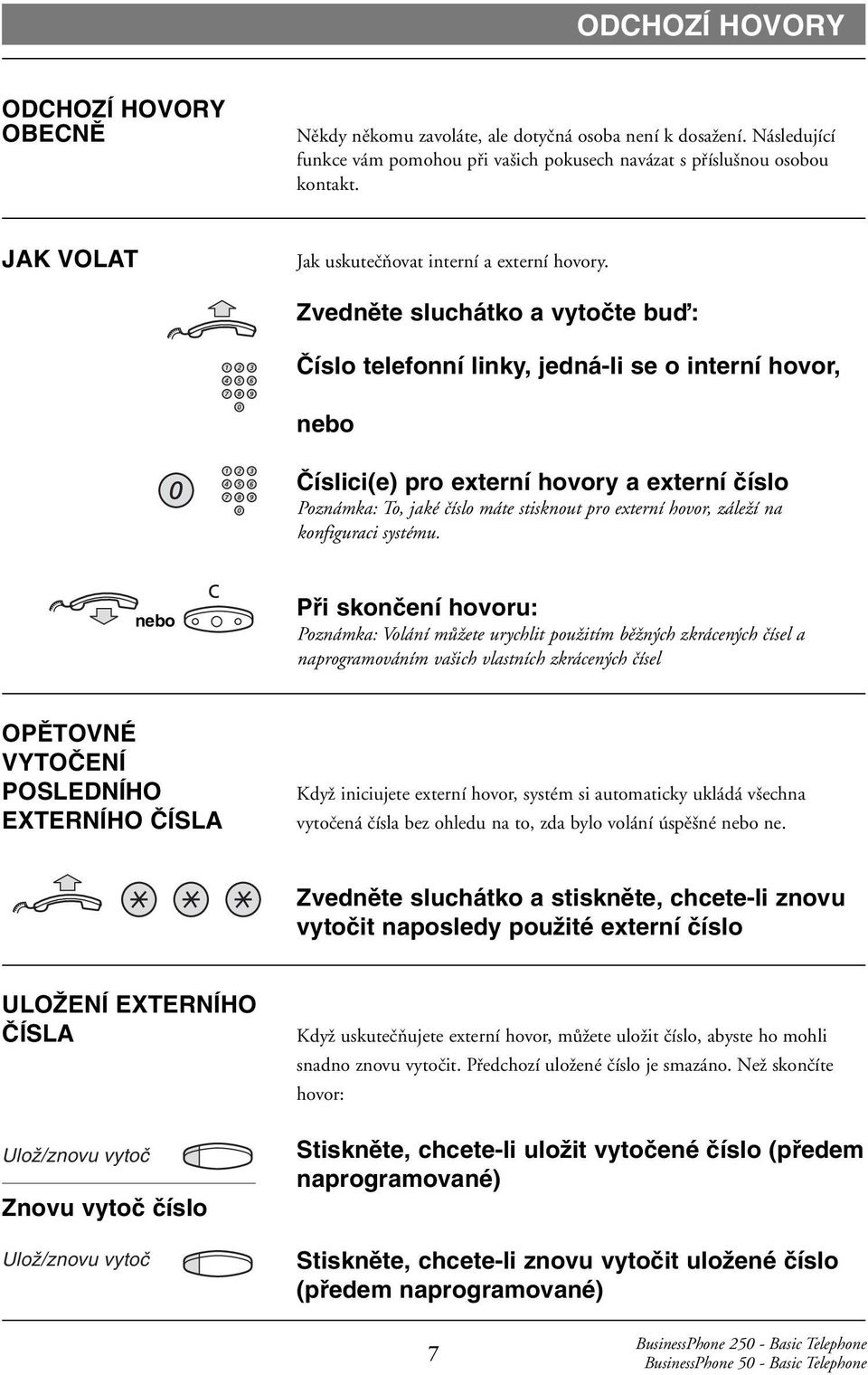 Zvednûte sluchátko a vytoãte buì: âíslo telefonní linky, jedná-li se o interní hovor, nebo âíslici(e) pro externí hovory a externí ãíslo Poznámka: To, jaké číslo máte stisknout pro externí hovor,