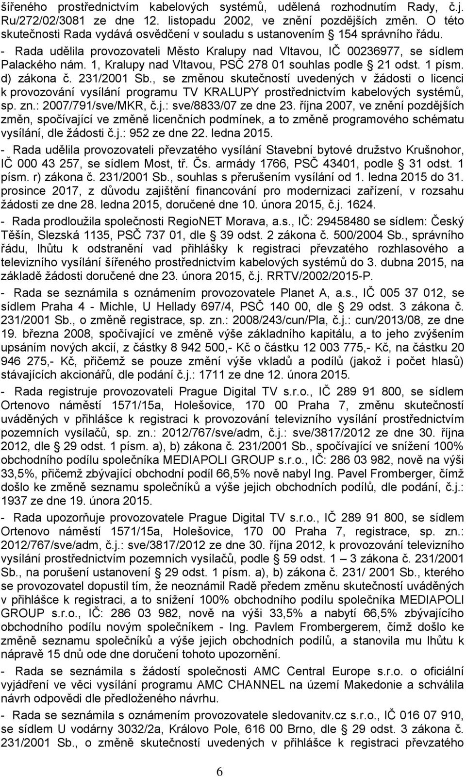 1, Kralupy nad Vltavou, PSČ 278 01 souhlas podle 21 odst. 1 písm. d) zákona č. 231/2001 Sb.