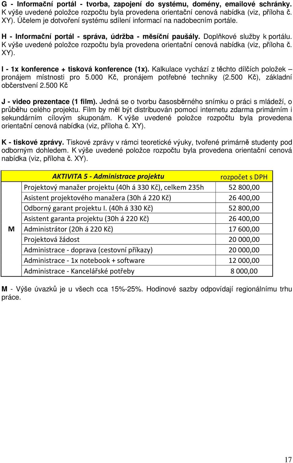 K výše uvedené položce rozpočtu byla provedena orientační cenová nabídka (viz, příloha č. XY). I - 1x konference + tisková konference (1x).