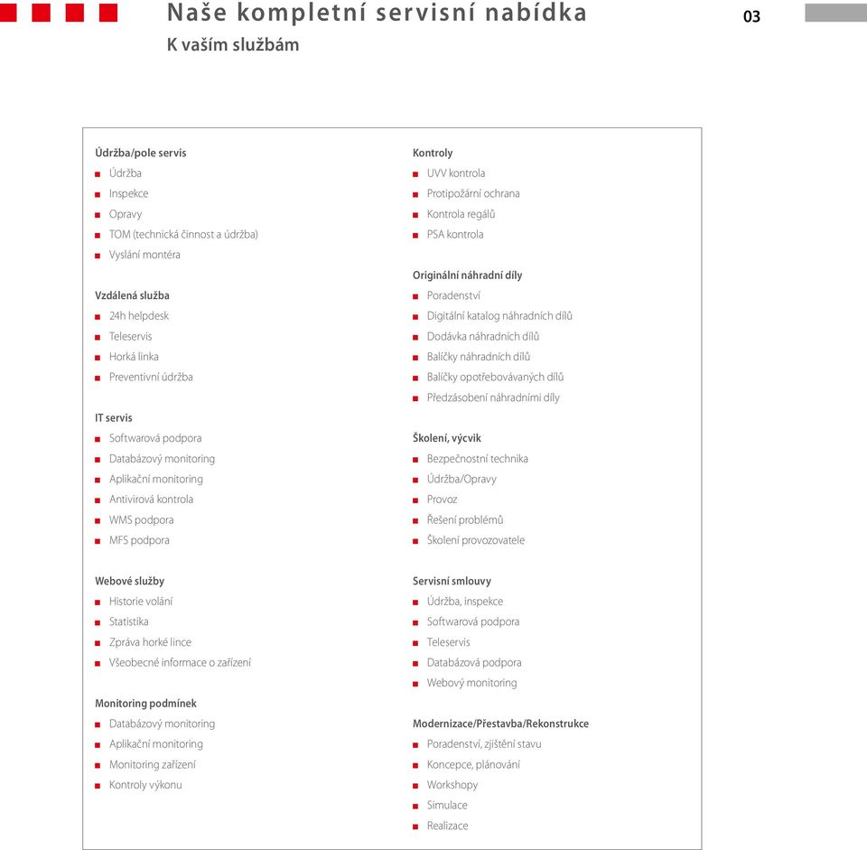 Poradenství Digitální katalog náhradních dílů Dodávka náhradních dílů Balíčky náhradních dílů Balíčky opotřebovávaných dílů Předzásobení náhradními díly Školení, výcvik Bezpečnostní technika /Opravy