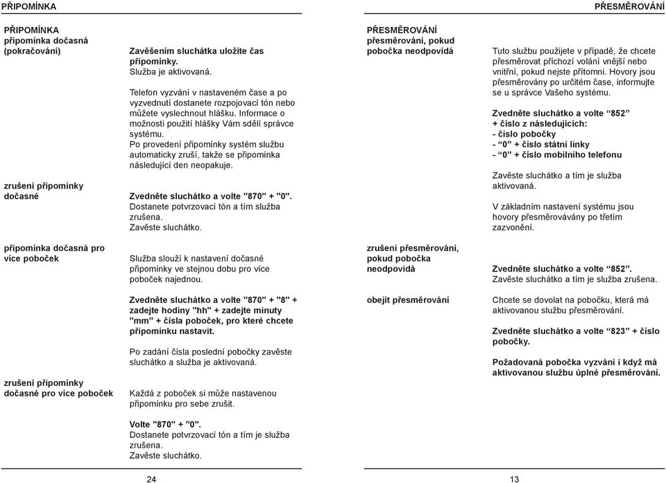 Po provedení pøipomínky systém službu automaticky zruší, takže se pøipomínka následující den neopakuje. Zvednìte sluchátko a volte "870" + "0". Dostanete potvrzovací tón a tím služba zrušena.