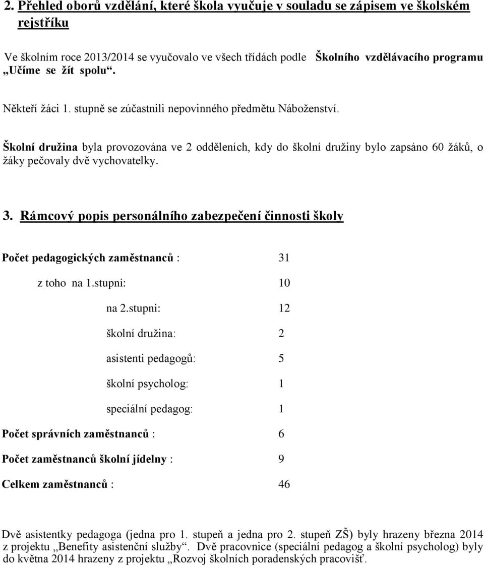 Školní družina byla provozována ve 2 odděleních, kdy do školní družiny bylo zapsáno 60 žáků, o žáky pečovaly dvě vychovatelky. 3.